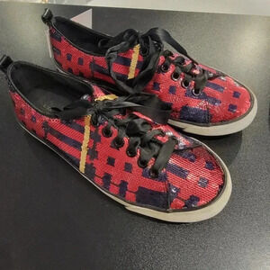 Coach Willa Sequin Black Red Plaid Sneakers